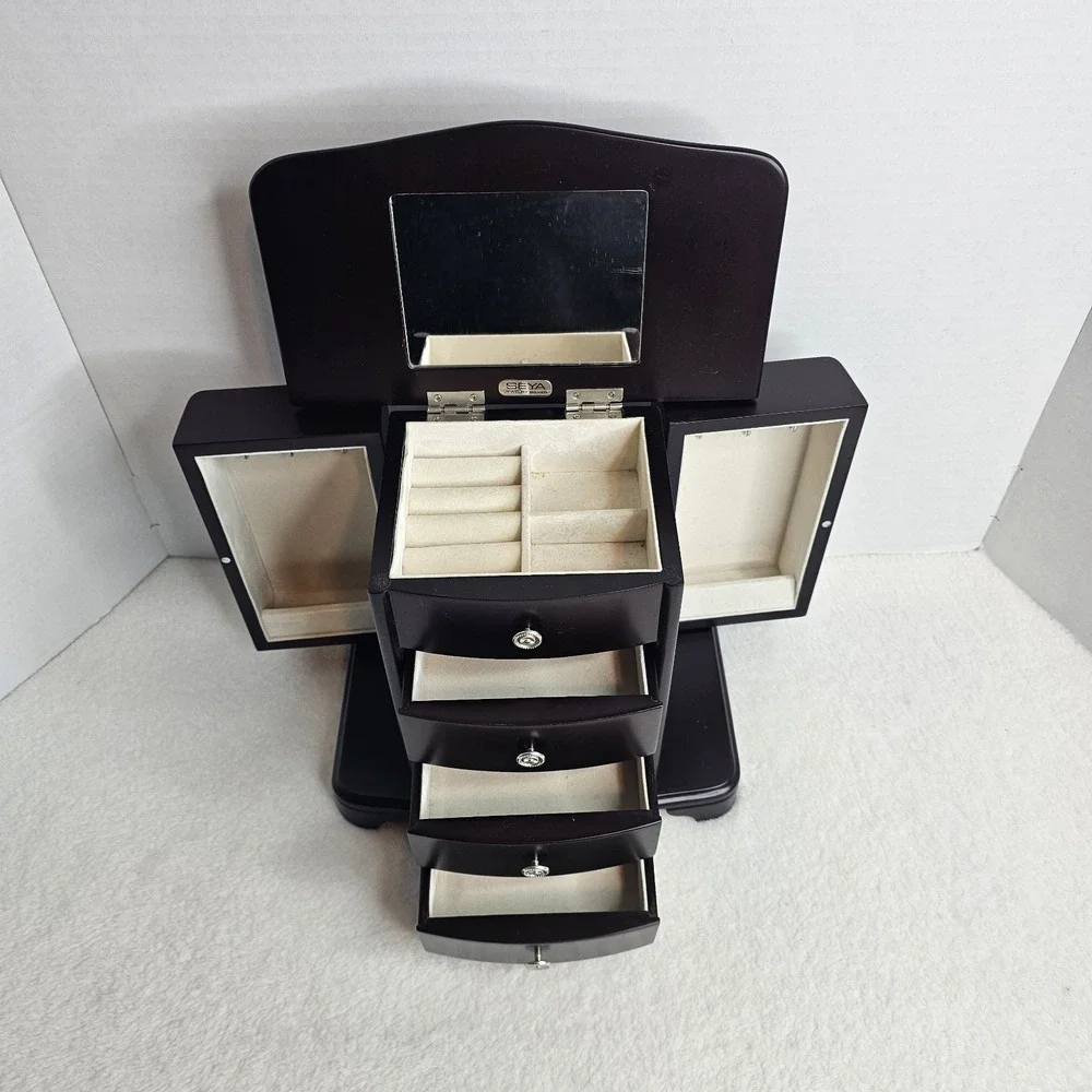 Brown Wooden Jewelry Box with Mirror, Velvet Lining, Drawers, Hooks for Jewelry
